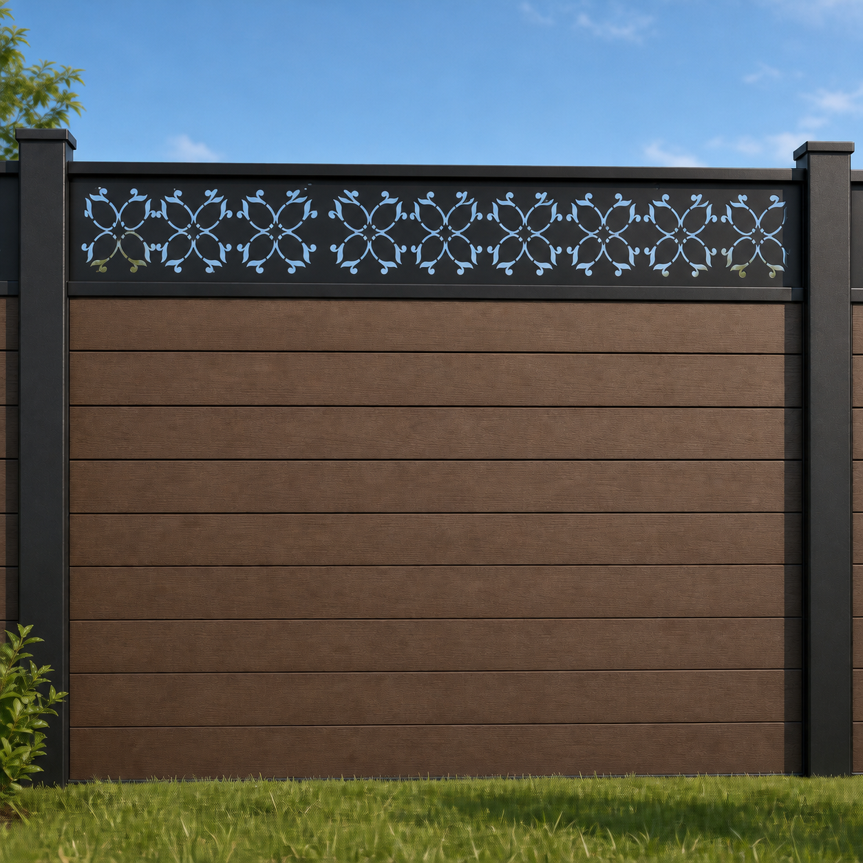 Diamond Star Mesh metal fence topper installed above WPC composite privacy fence, front view, Design 130