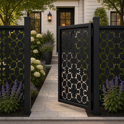 Design 130 four petal oval scrollwork black aluminium side gate open view