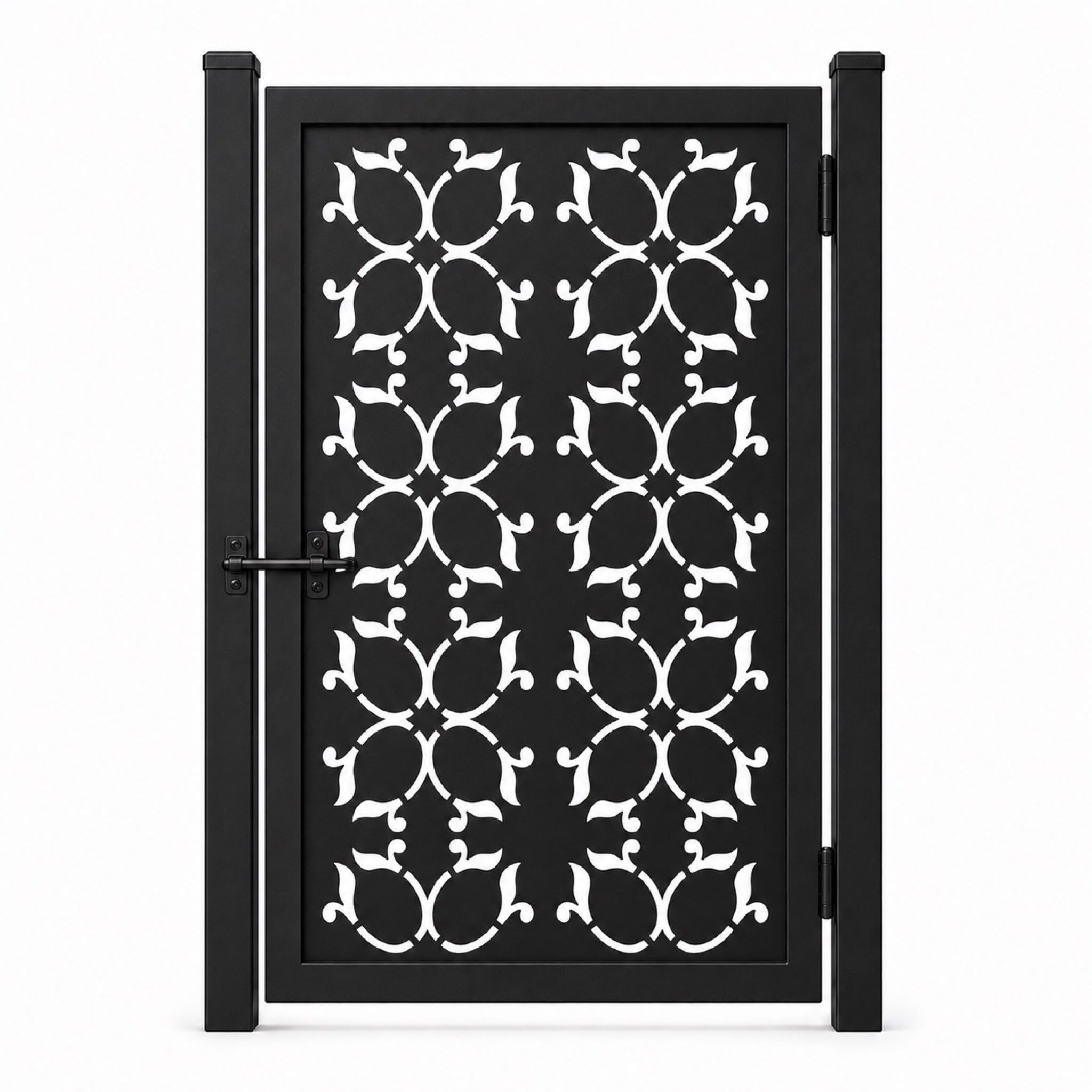 Design 130 four petal oval scrollwork black laser cut metal pedestrian gate closed view