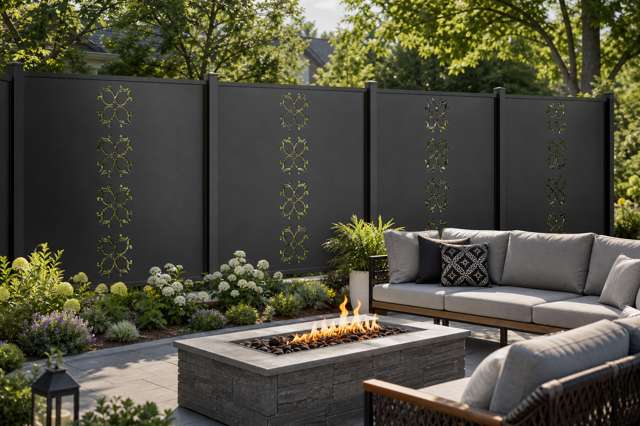 Design 130 Sunburst Wheels Laser Cut Metal Privacy Screen Panel installed garden daylight view