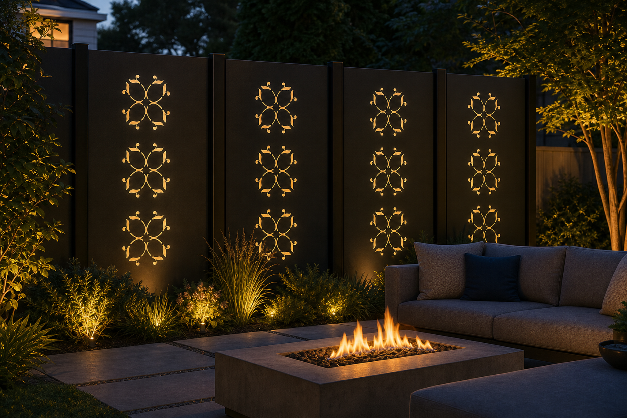Design 130 Sunburst Wheels Laser Cut Metal Privacy Screen Panel installed garden night lighting view