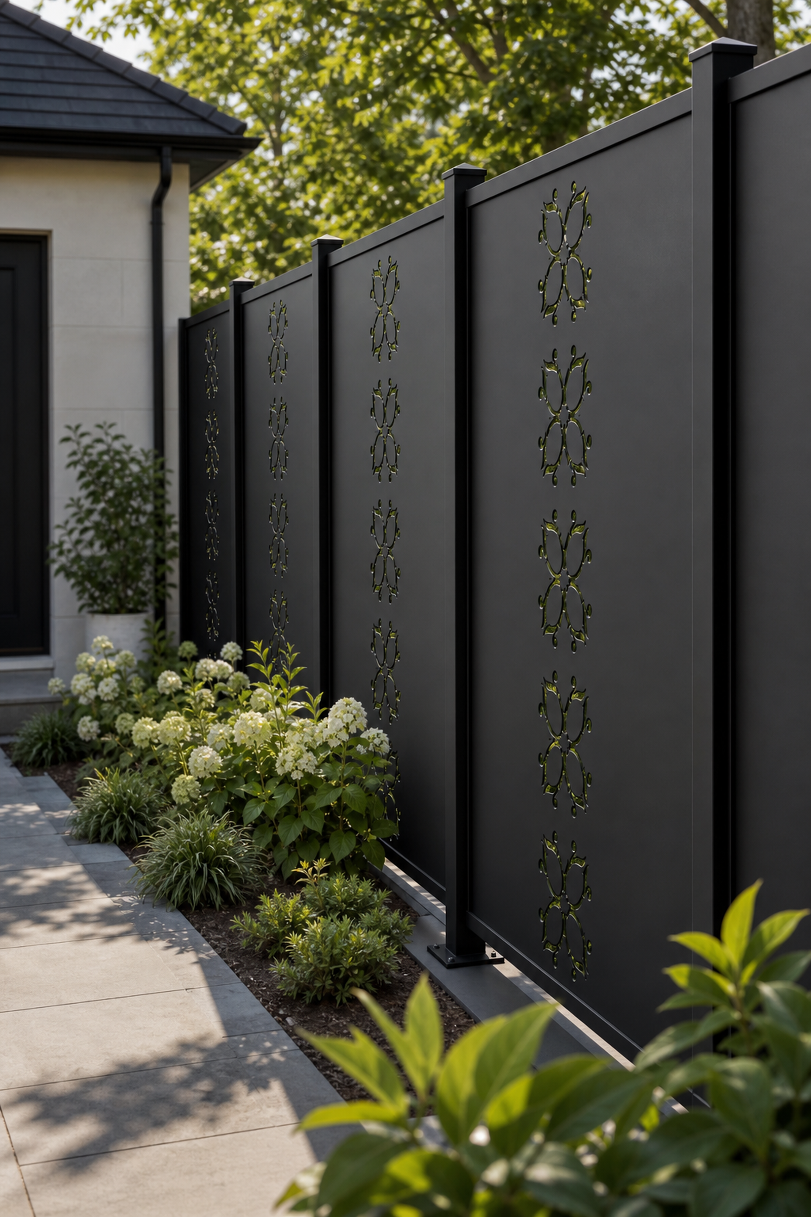 Design 130 Sunburst Wheels Laser Cut Metal Privacy Screen Panel oblique angle view