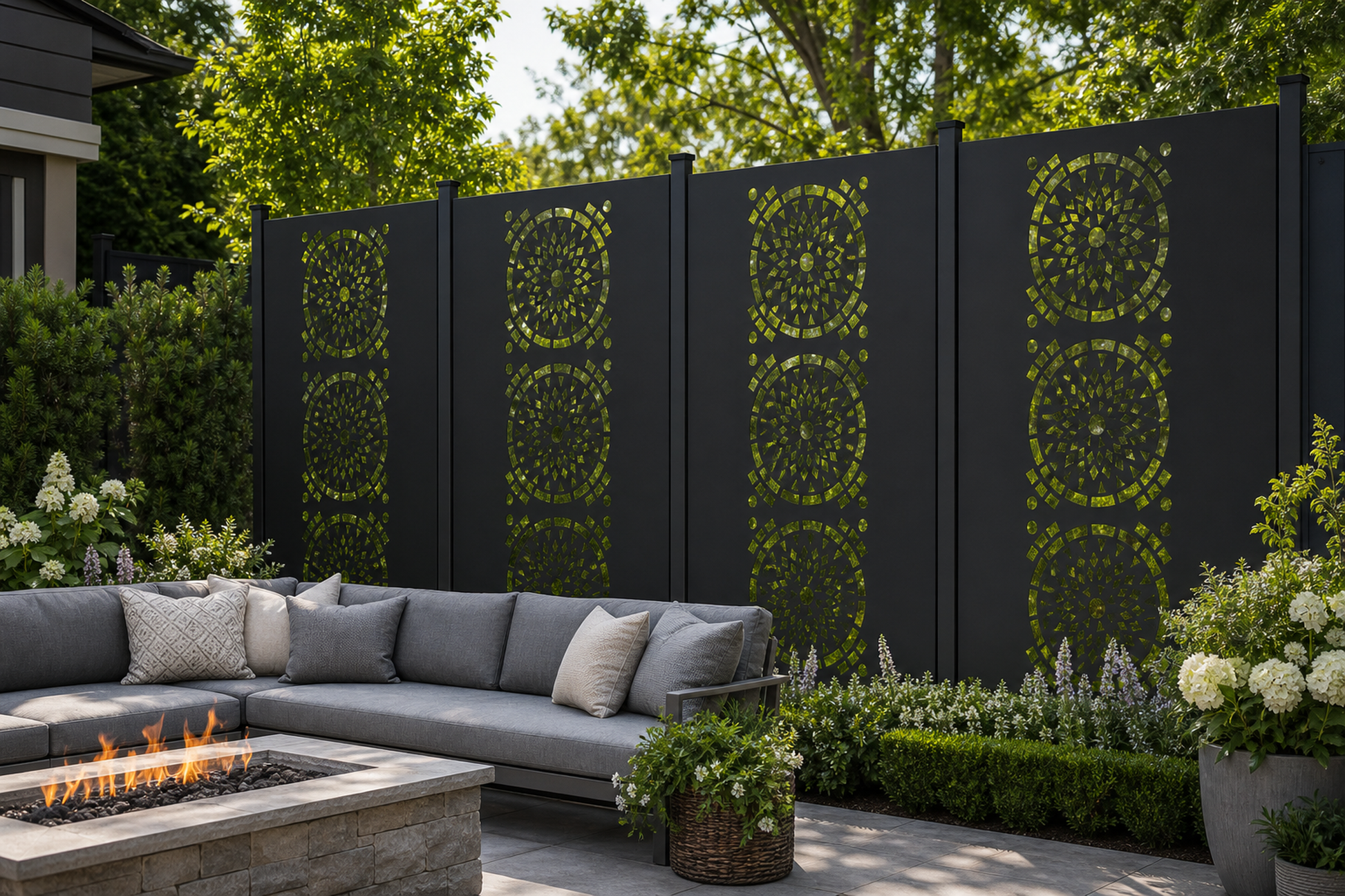 Design 131 Mosaic Mandala Circles Laser Cut Metal Privacy Screen Panel installed garden daylight view
