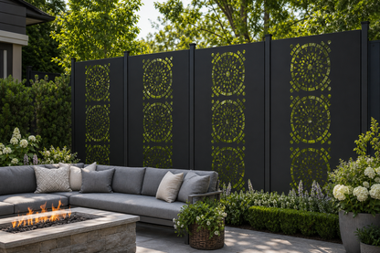 Design 131 Mosaic Mandala Circles Laser Cut Metal Privacy Screen Panel installed garden daylight view