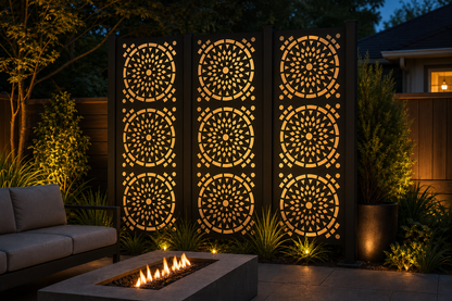 Design 131 Mosaic Mandala Circles Laser Cut Metal Privacy Screen Panel installed garden night lighting view