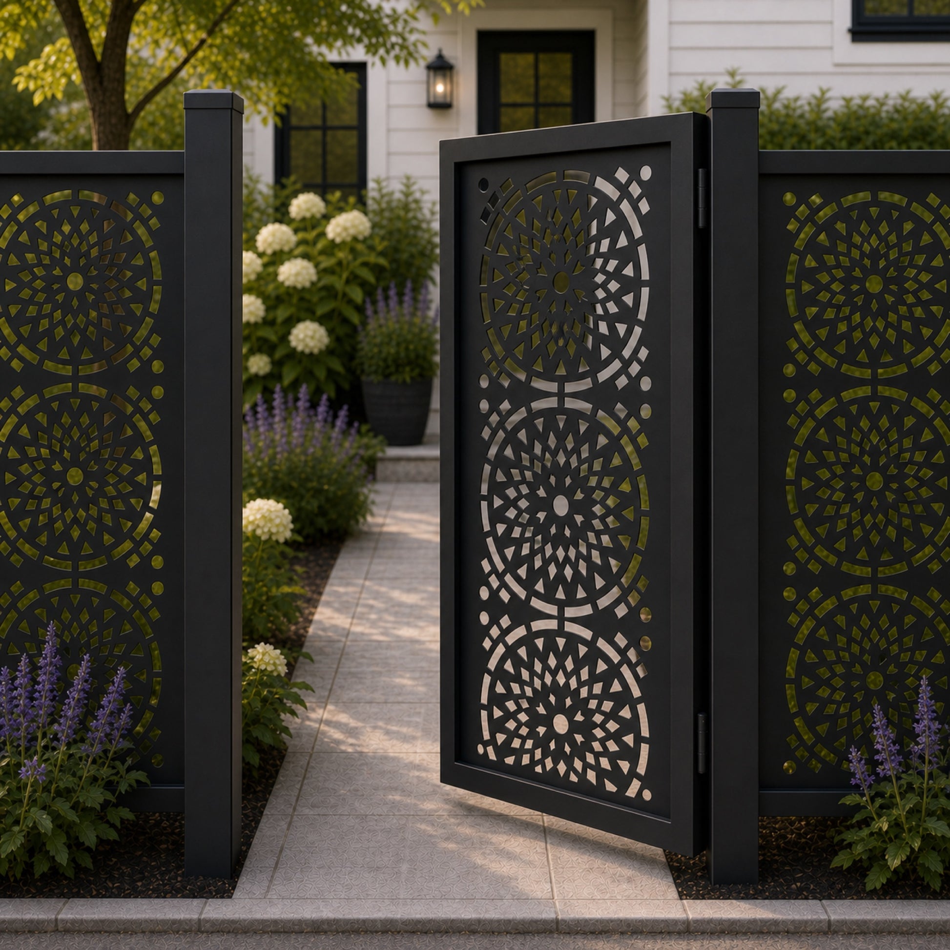 Design 131 round mandala mosaic black aluminium side gate open view