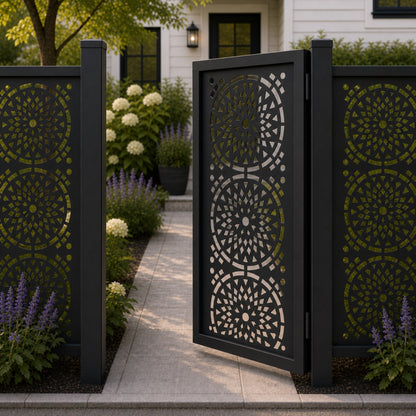 Design 131 round mandala mosaic black aluminium side gate open view