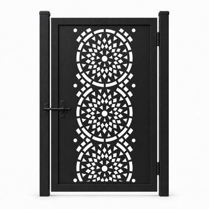 Design 131 round mandala mosaic black laser cut metal pedestrian gate closed view