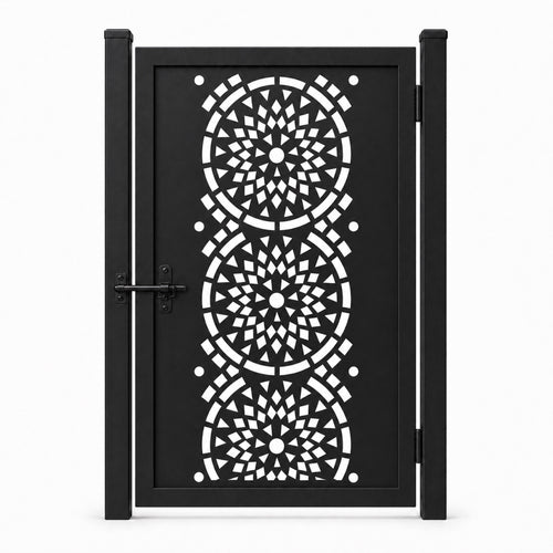 Design 131 round mandala mosaic black laser cut metal pedestrian gate closed view