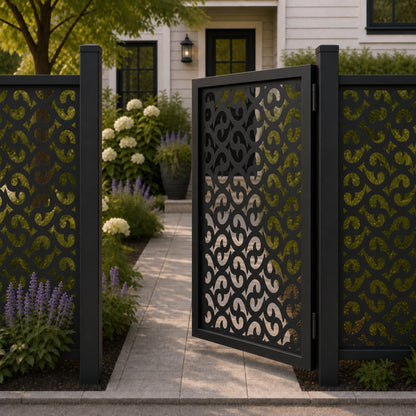 Design 132 allover large c scroll black aluminium side gate open view