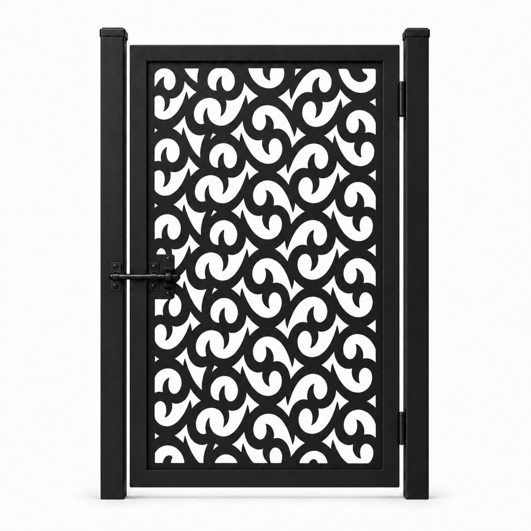 Design 132 allover large c scroll black laser cut metal pedestrian gate closed view
