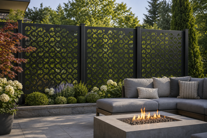 Design 132 Bold Scroll Waves Laser Cut Metal Privacy Screen Panel installed garden daylight view