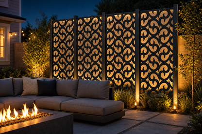 Design 132 Bold Scroll Waves Laser Cut Metal Privacy Screen Panel installed garden night lighting view