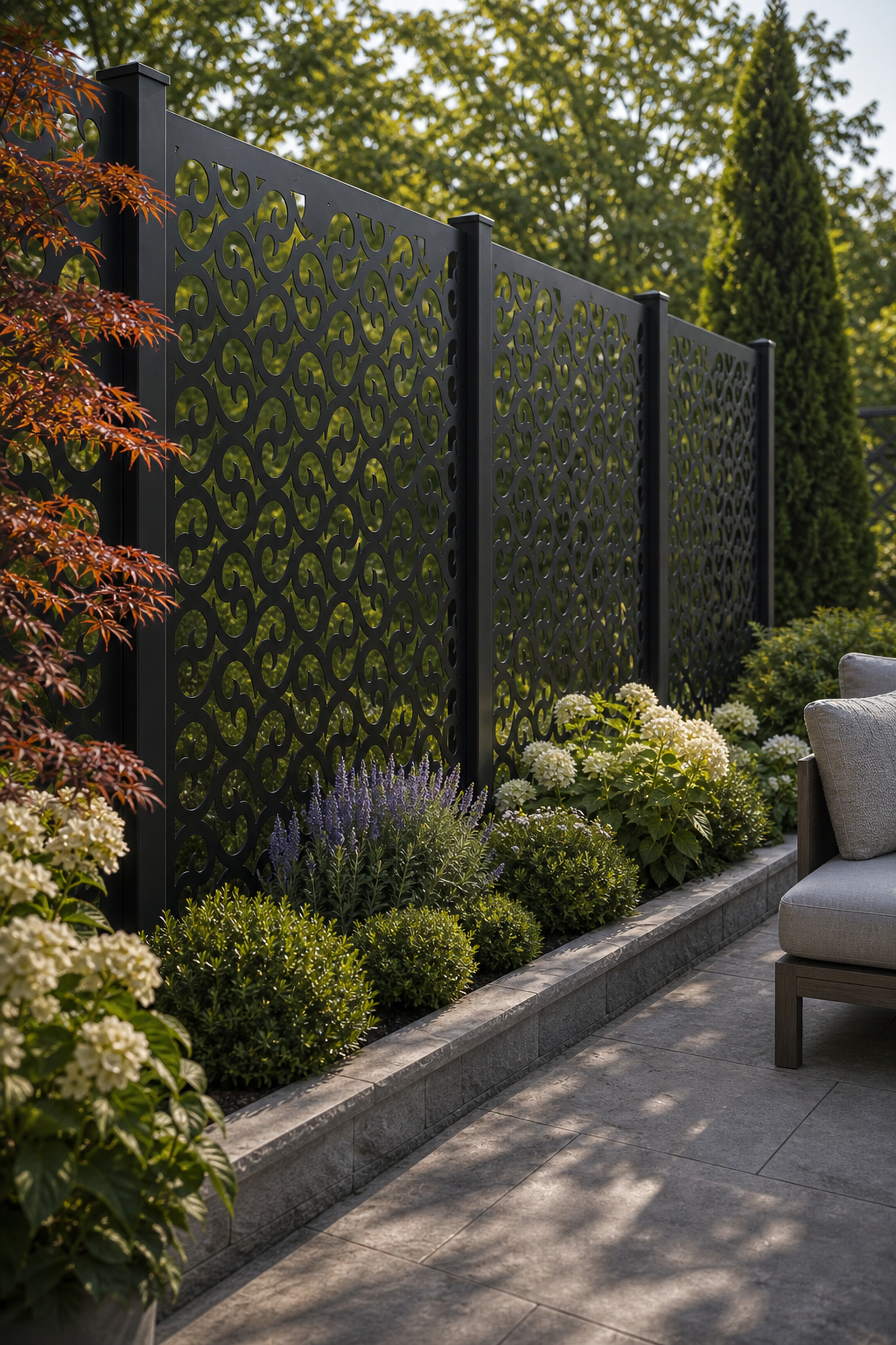 Design 132 Bold Scroll Waves Laser Cut Metal Privacy Screen Panel oblique angle view
