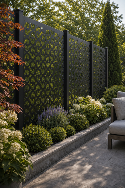 Design 132 Bold Scroll Waves Laser Cut Metal Privacy Screen Panel oblique angle view