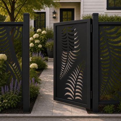 Design 133 double feather leaf black aluminium side gate open view
