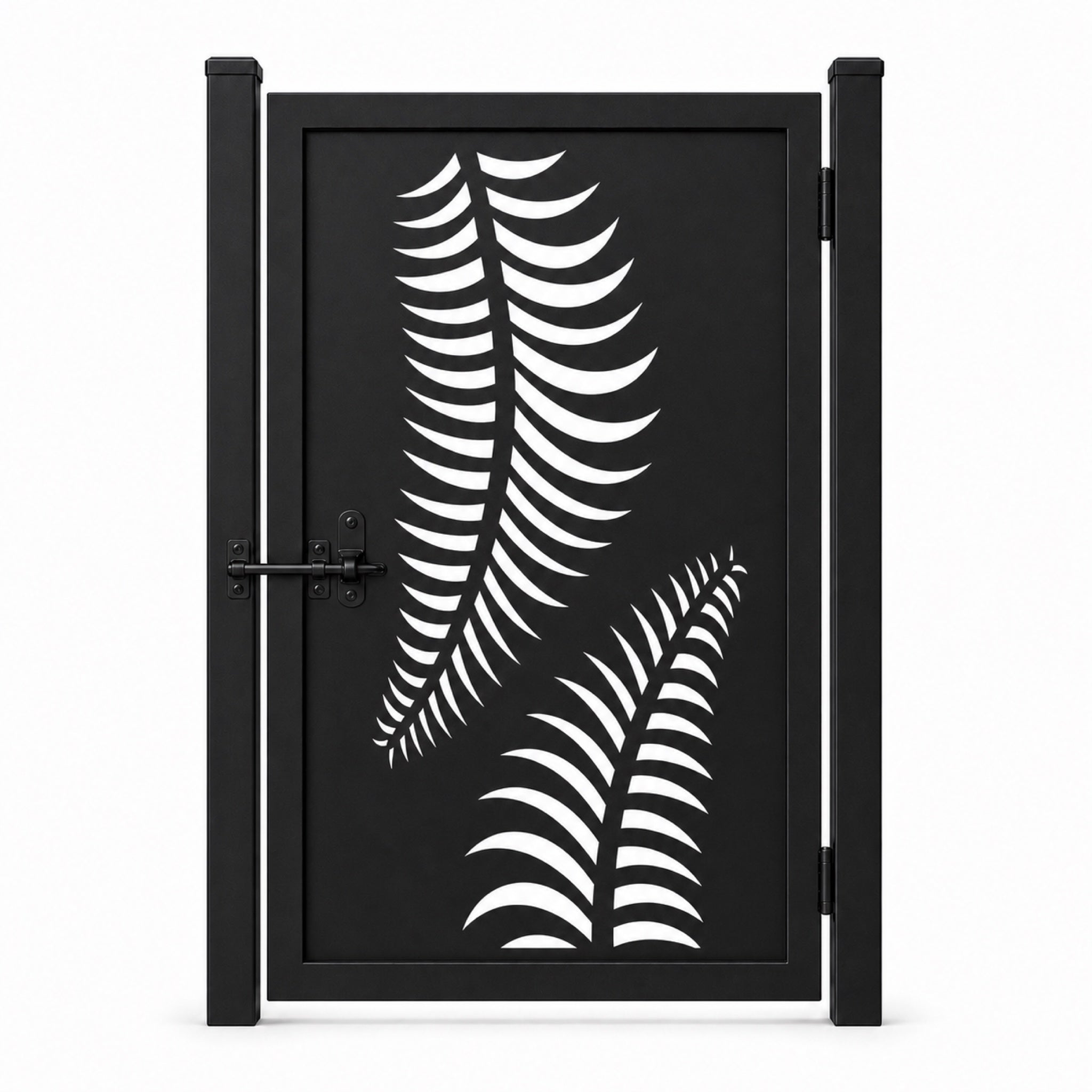 Design 133 double feather leaf black laser cut metal pedestrian gate closed view