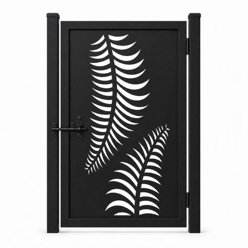Design 133 double feather leaf black laser cut metal pedestrian gate closed view
