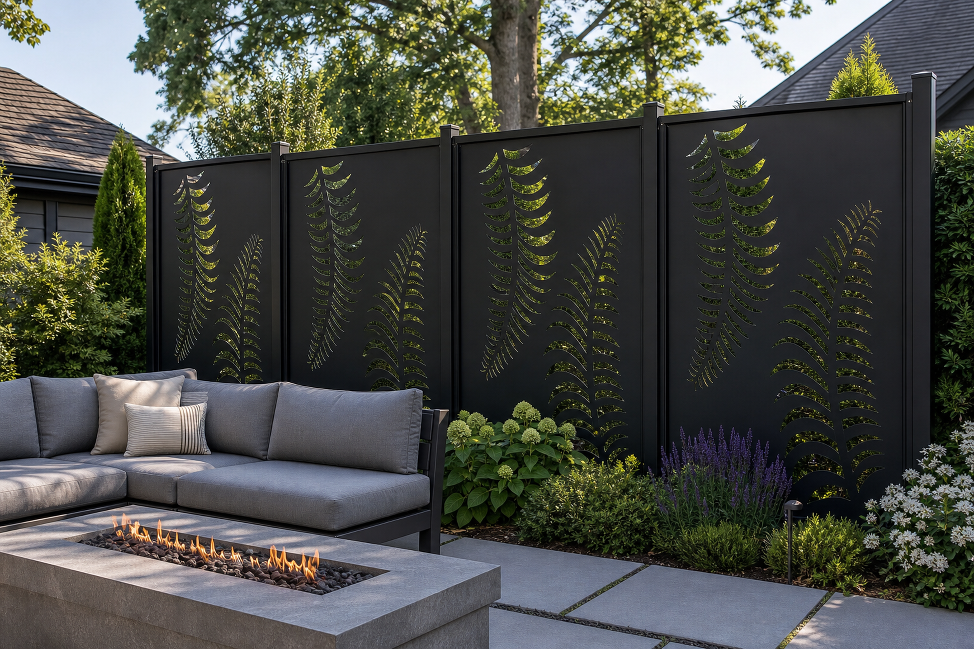 Design 133 Fern Fronds Laser Cut Metal Privacy Screen Panel installed garden daylight view