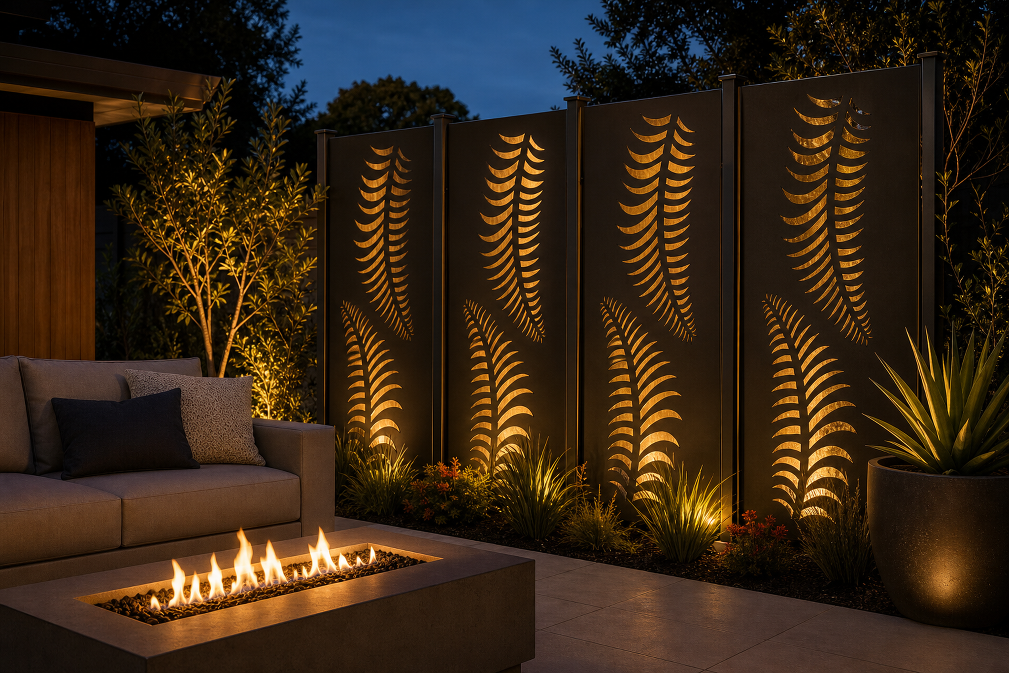 Design 133 Fern Fronds Laser Cut Metal Privacy Screen Panel installed garden night lighting view