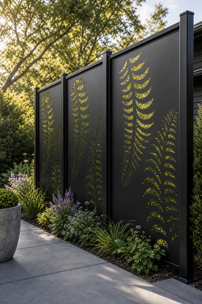Design 133 Fern Fronds Laser Cut Metal Privacy Screen Panel oblique angle view