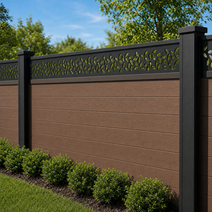 Fine Leaf Scatter laser cut fence extension panel installed on composite fence, angle view, Design 134