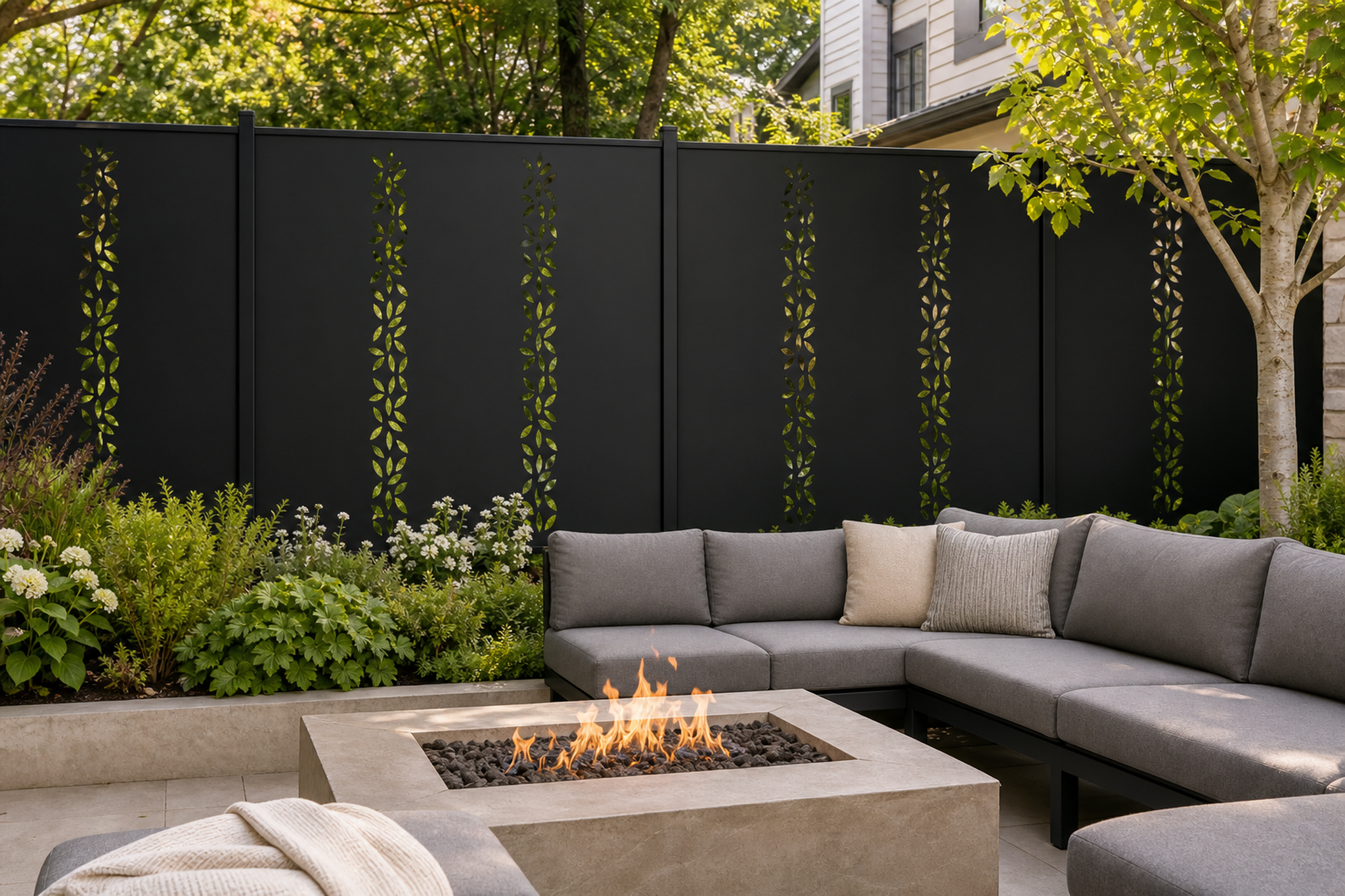 Design 134 Leaf Stem Column Laser Cut Metal Privacy Screen Panel installed garden daylight view