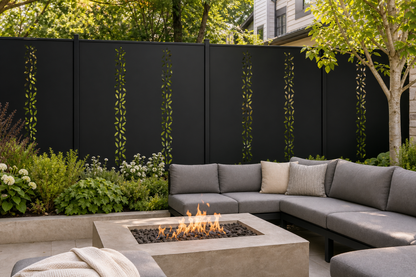 Design 134 Leaf Stem Column Laser Cut Metal Privacy Screen Panel installed garden daylight view
