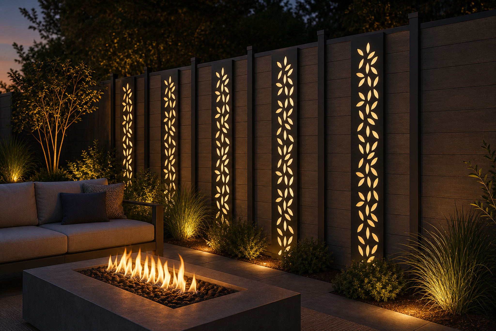 Design 134 Leaf Stem Column Laser Cut Metal Privacy Screen Panel installed garden night lighting view