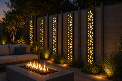 Design 134 Leaf Stem Column Laser Cut Metal Privacy Screen Panel installed garden night lighting view