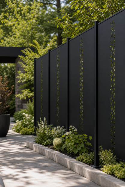 Design 134 Leaf Stem Column Laser Cut Metal Privacy Screen Panel oblique angle view