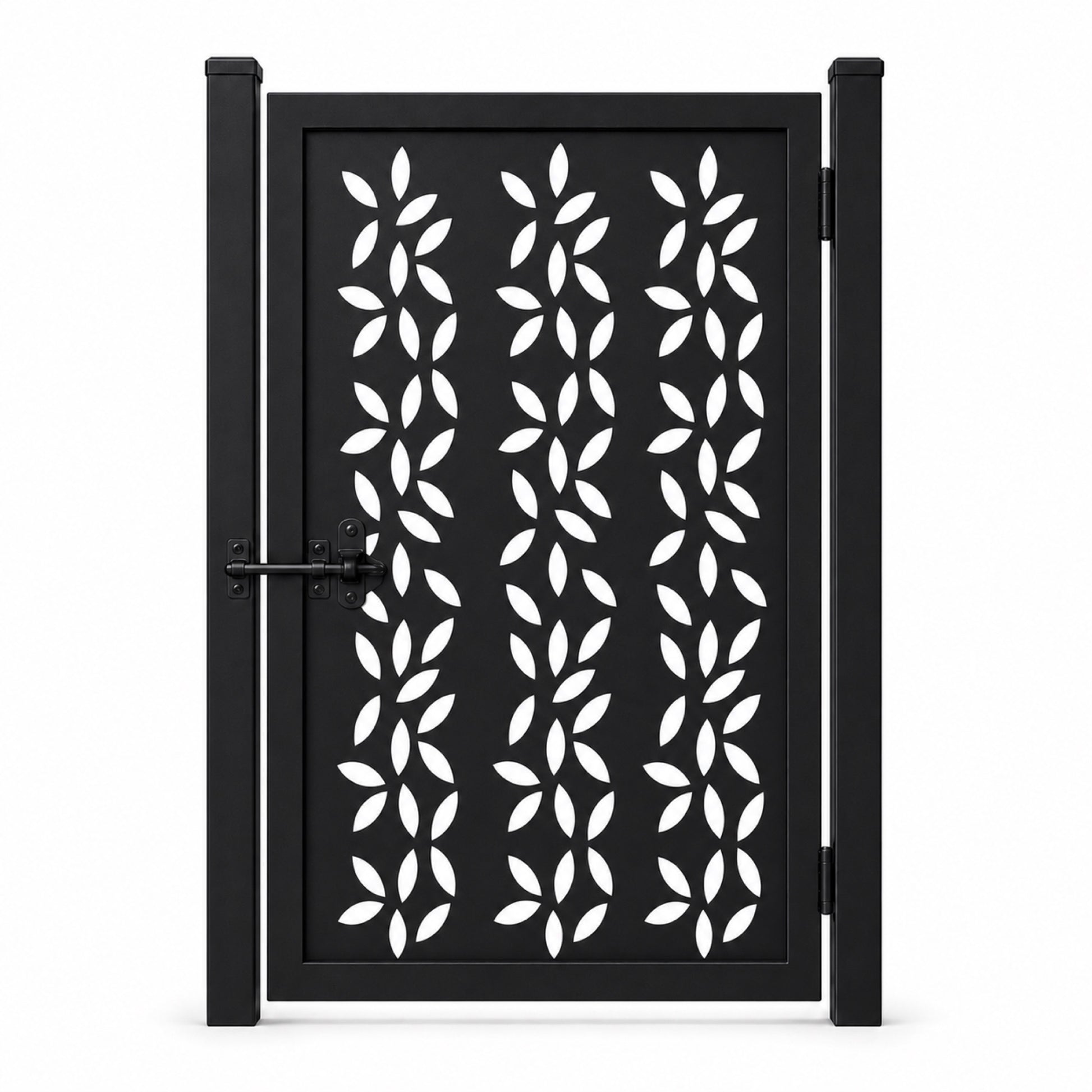 Design 134 scattered leaf black laser cut metal pedestrian gate closed view