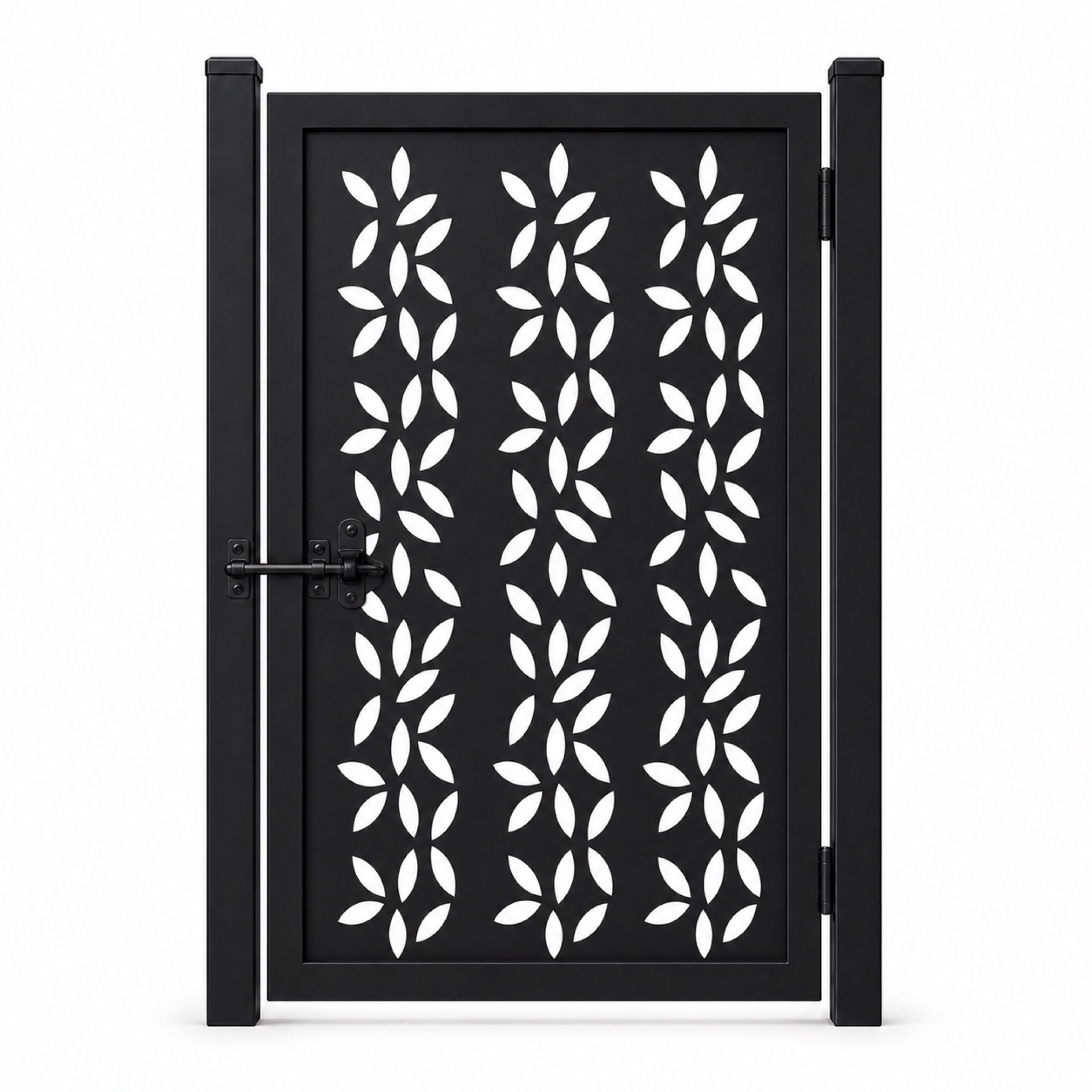 Design 134 scattered leaf black laser cut metal pedestrian gate closed view