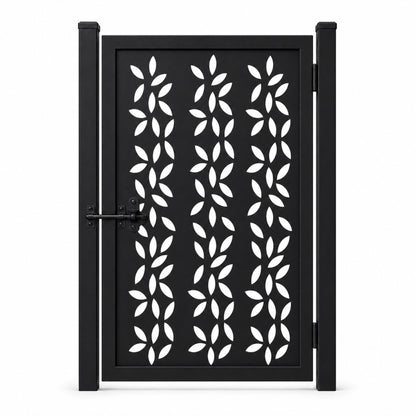 Design 134 scattered leaf black laser cut metal pedestrian gate closed view