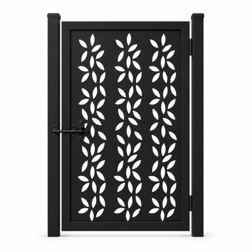 Design 134 scattered leaf black laser cut metal pedestrian gate closed view