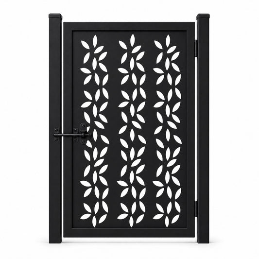 Design 134 scattered leaf black laser cut metal pedestrian gate closed view