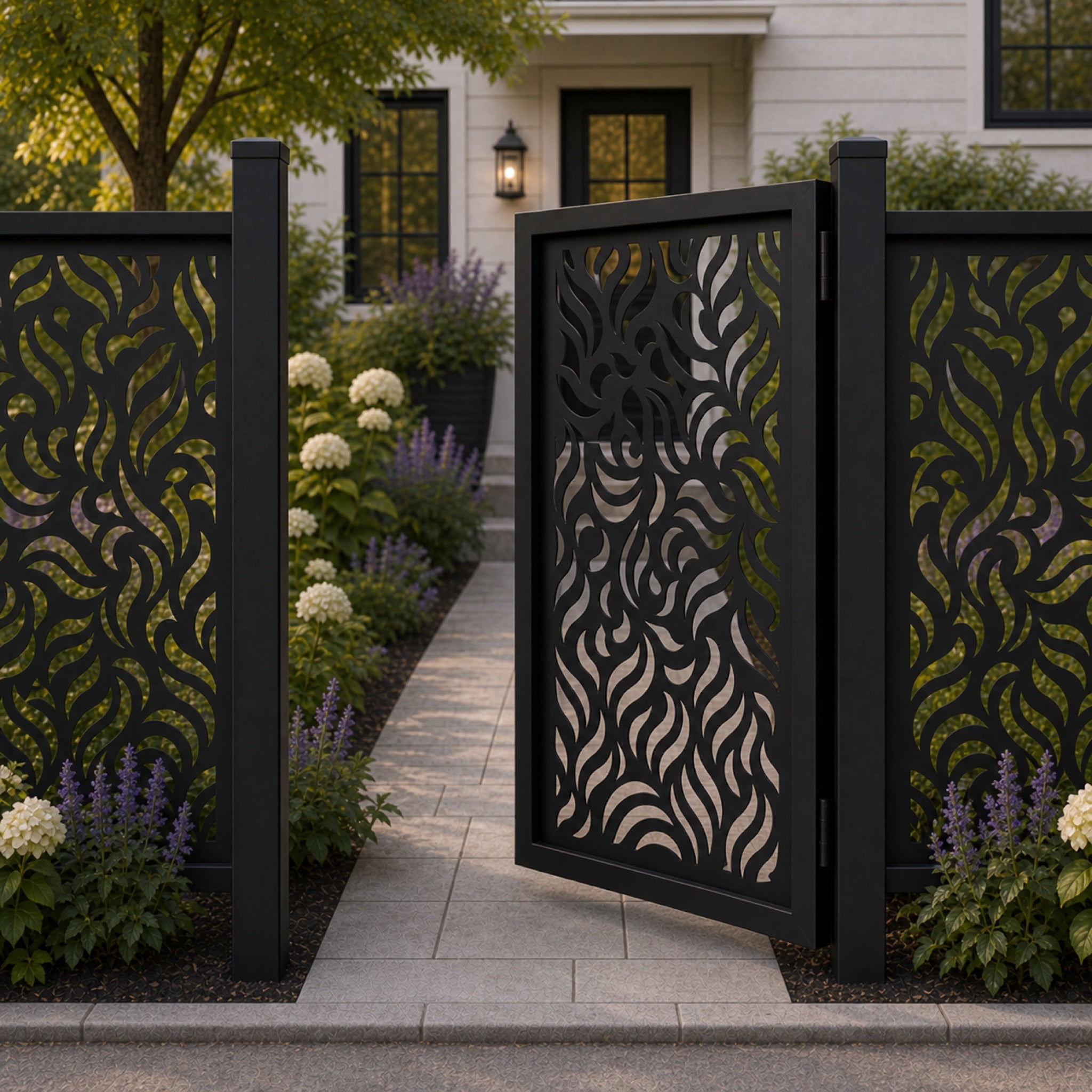 Design 135 allover flame leaf black aluminium side gate open view