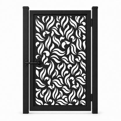 Design 135 allover flame leaf black laser cut metal pedestrian gate closed view