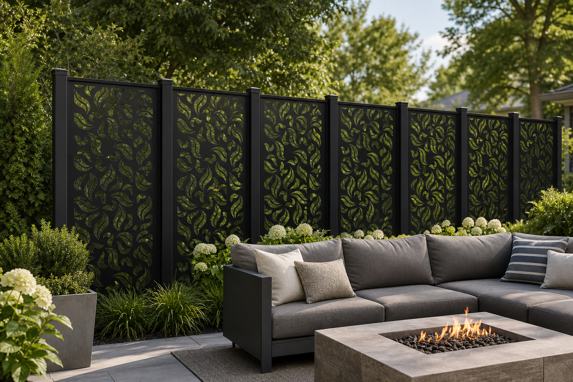 Design 135 Leaf Swirl Repeat Laser Cut Metal Privacy Screen Panel installed garden daylight view