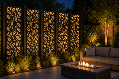 Design 135 Leaf Swirl Repeat Laser Cut Metal Privacy Screen Panel installed garden night lighting view