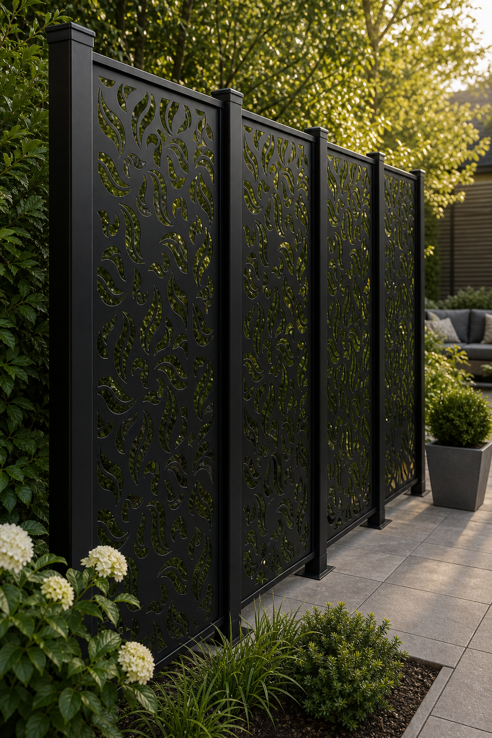 Design 135 Leaf Swirl Repeat Laser Cut Metal Privacy Screen Panel oblique angle view