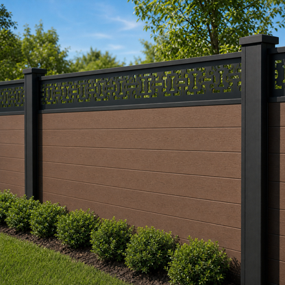 Circuit Maze Border laser cut fence extension panel installed on composite fence, angle view, Design 136