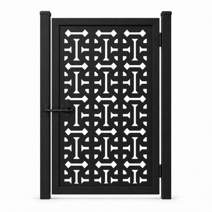 Design 136 geometric i beam arrow black laser cut metal pedestrian gate closed view