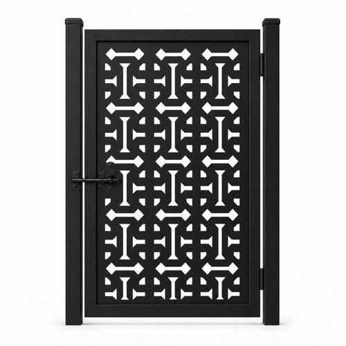 Design 136 geometric i beam arrow black laser cut metal pedestrian gate closed view