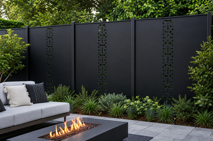 Design 136 Industrial Link Chain Laser Cut Metal Privacy Screen Panel installed garden daylight view