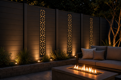 Design 136 Industrial Link Chain Laser Cut Metal Privacy Screen Panel installed garden night lighting view