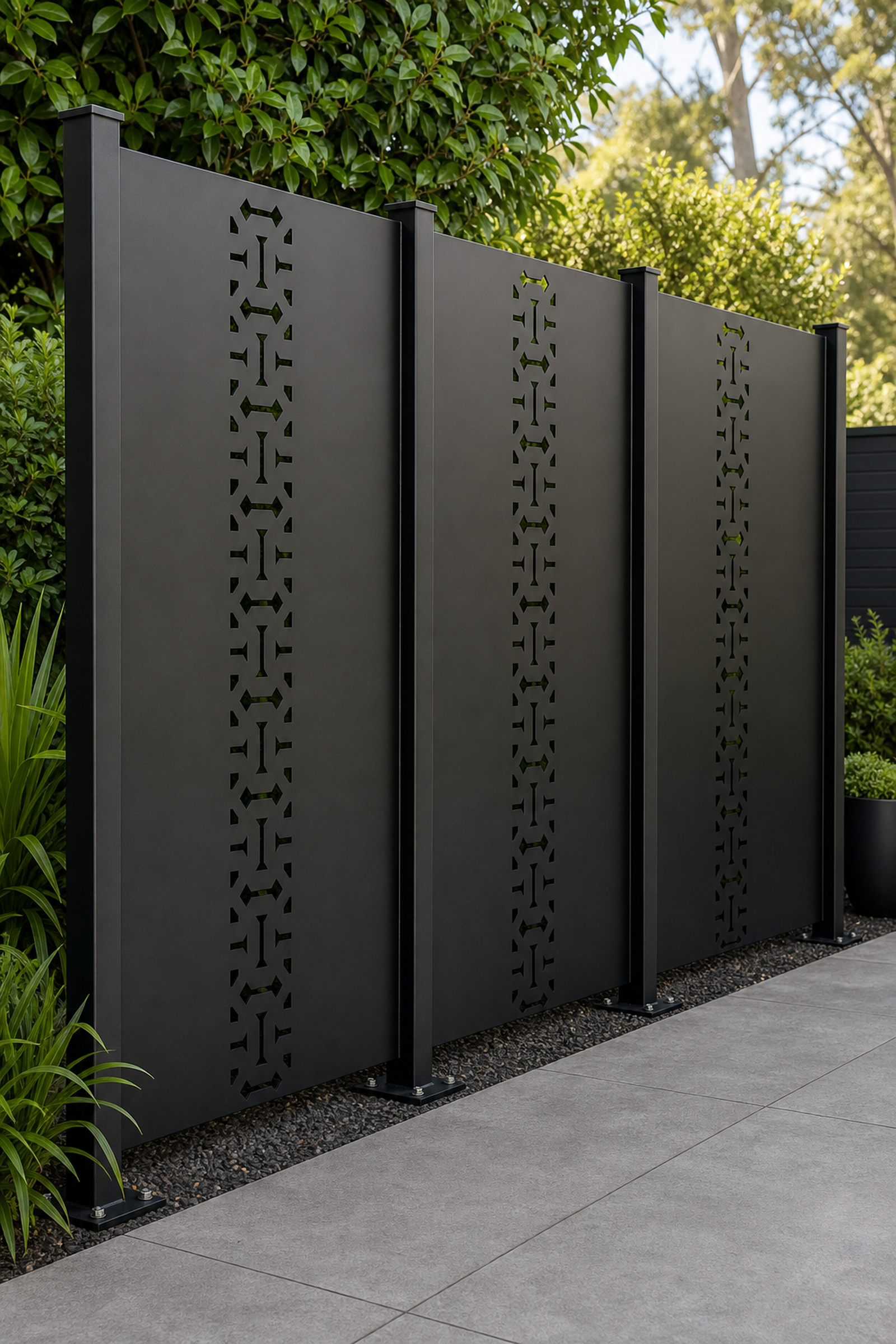 Design 136 Industrial Link Chain Laser Cut Metal Privacy Screen Panel oblique angle view