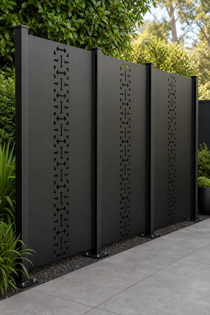 Design 136 Industrial Link Chain Laser Cut Metal Privacy Screen Panel oblique angle view