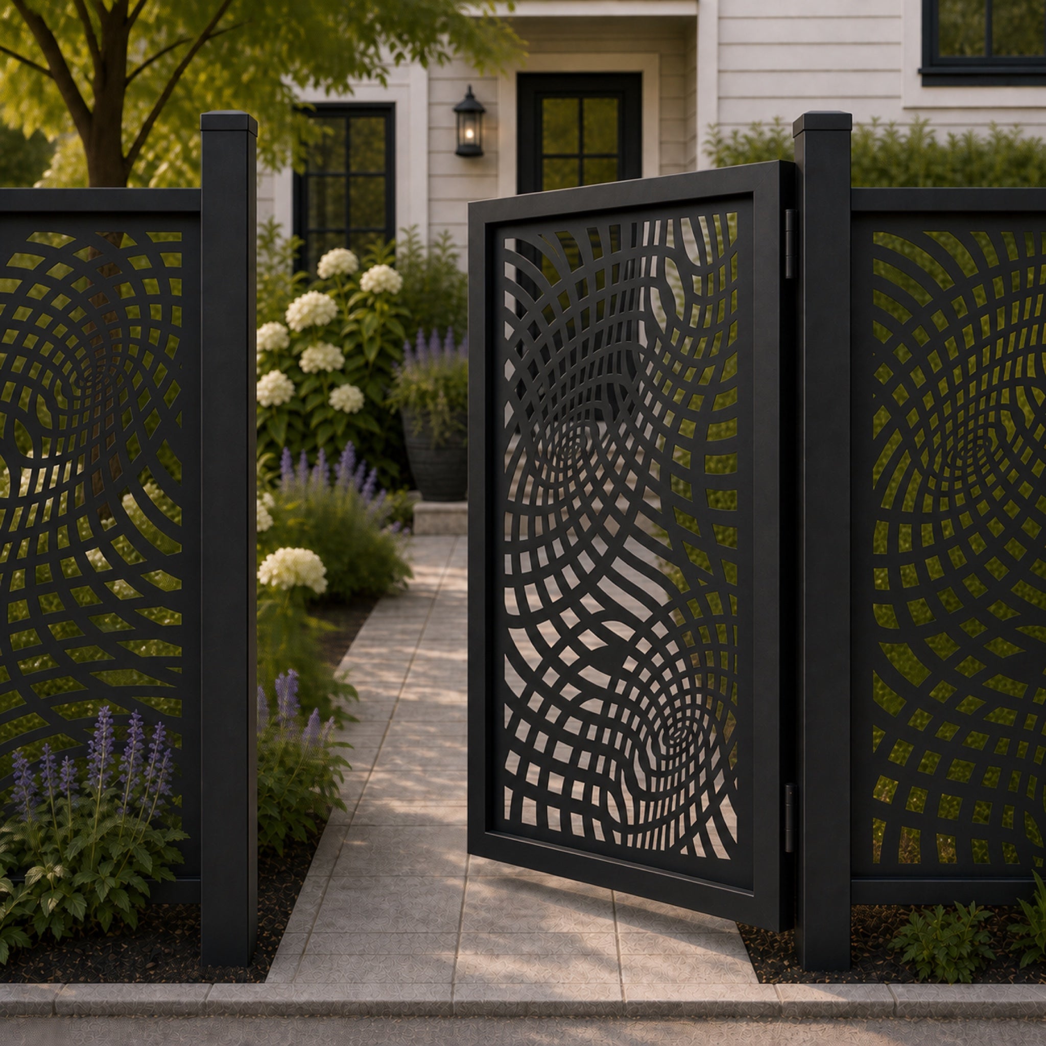 Design 137 optical wave grid black aluminium side gate open view