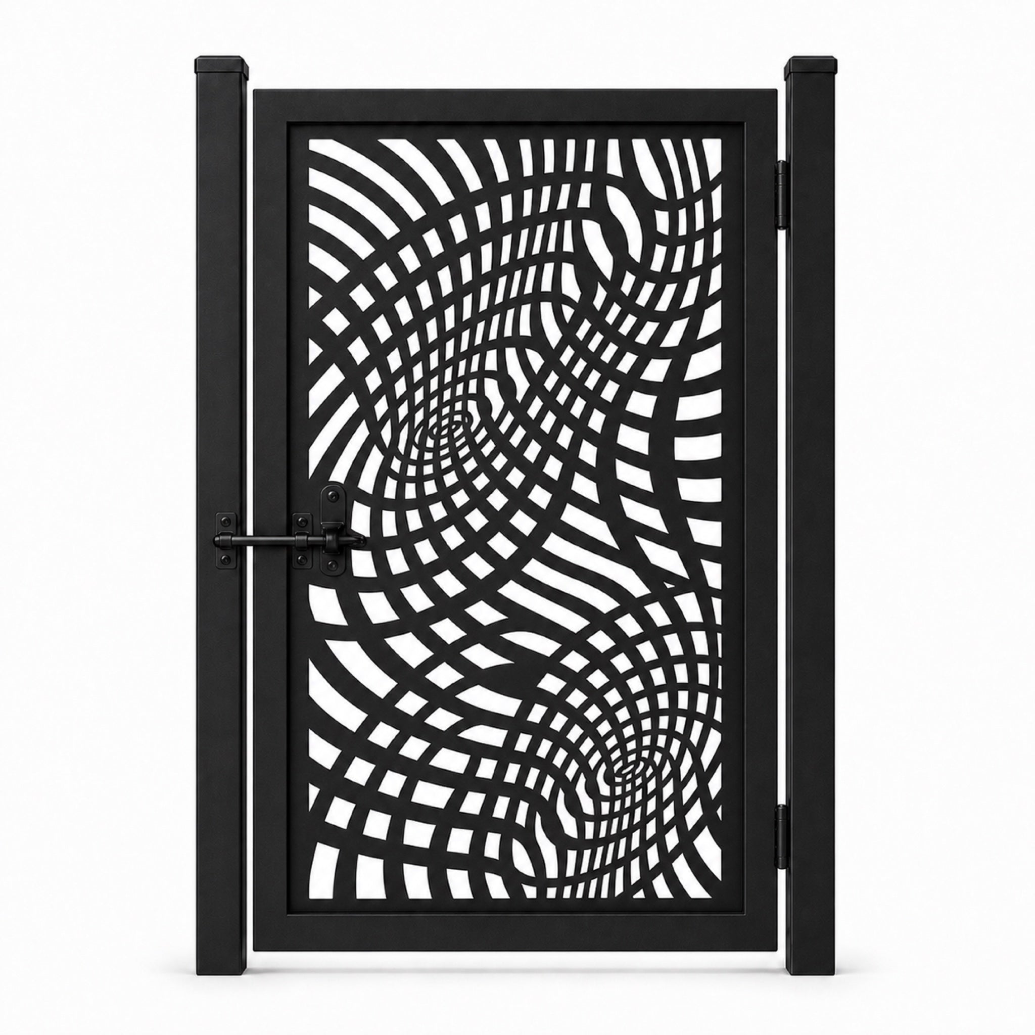 Design 137 optical wave grid black laser cut metal pedestrian gate closed view